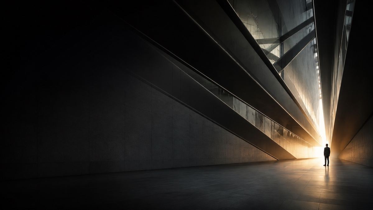 A lone figure at the end of a corridor of light
