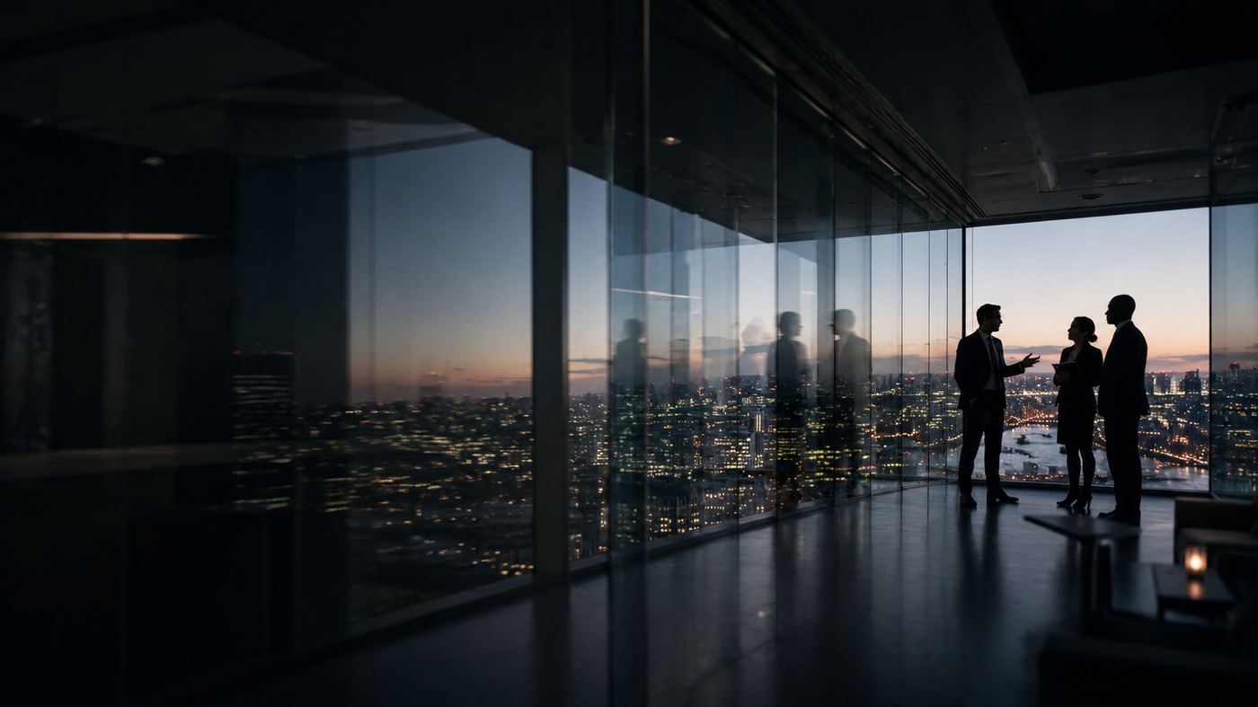 Executives in conversation before a city skyline at dusk